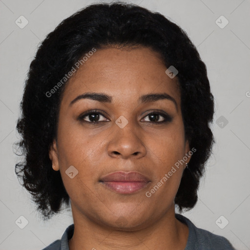 Neutral black young-adult female with short  black hair and brown eyes