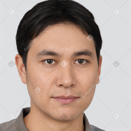 Neutral asian young-adult male with short  black hair and brown eyes