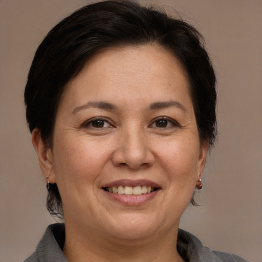 Joyful white adult female with medium  brown hair and brown eyes
