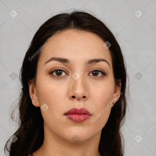 Neutral white young-adult female with medium  brown hair and brown eyes