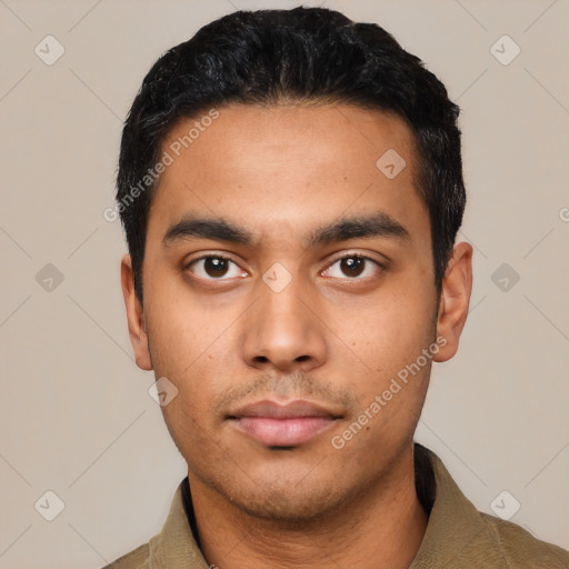 Neutral latino young-adult male with short  black hair and brown eyes