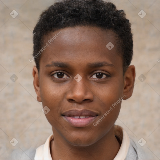 Joyful black young-adult male with short  brown hair and brown eyes