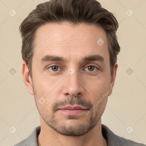 Neutral white young-adult male with short  brown hair and brown eyes