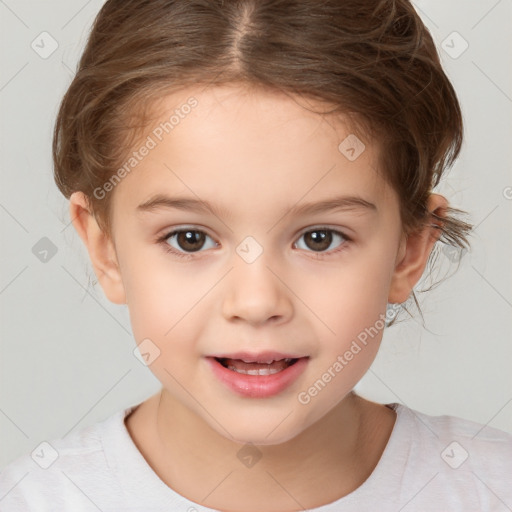 Joyful white child female with short  brown hair and brown eyes