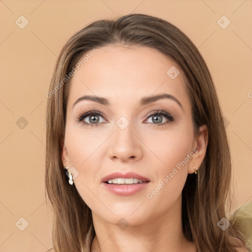 Joyful white young-adult female with long  brown hair and grey eyes