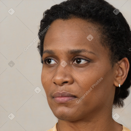 Neutral black young-adult female with short  black hair and brown eyes