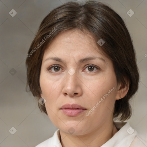 Neutral white adult female with medium  brown hair and brown eyes