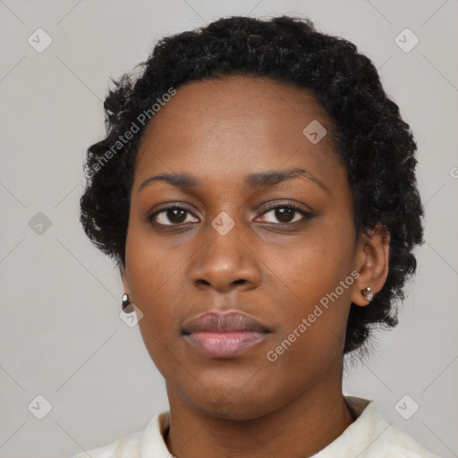 Neutral black young-adult female with short  black hair and brown eyes