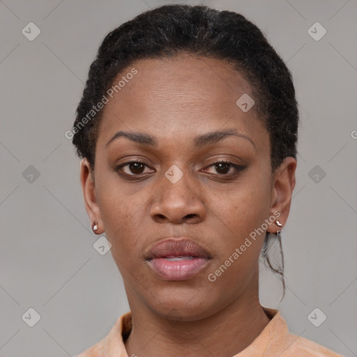 Neutral black young-adult female with short  black hair and brown eyes