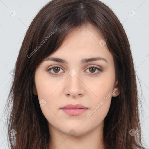 Neutral white young-adult female with long  brown hair and brown eyes