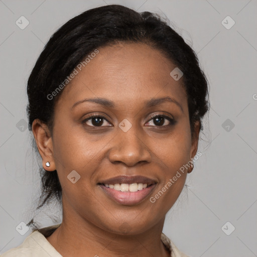 Joyful black young-adult female with medium  brown hair and brown eyes