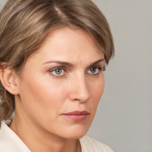 Neutral white young-adult female with medium  brown hair and grey eyes