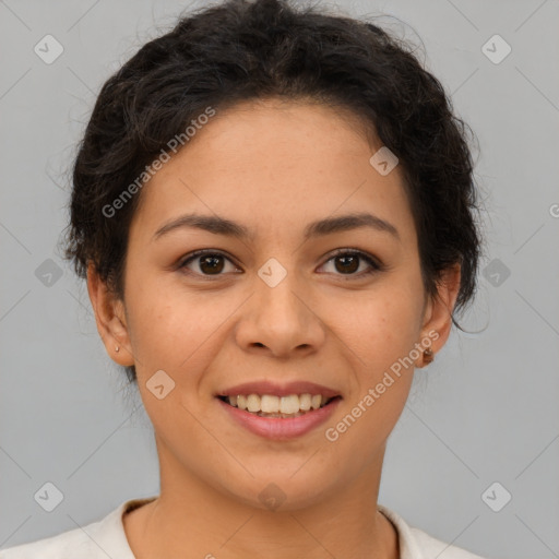 Joyful latino young-adult female with short  brown hair and brown eyes