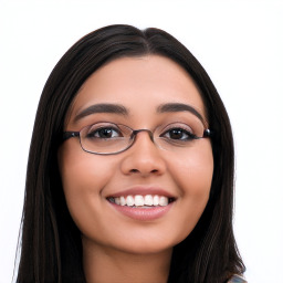 Joyful white young-adult female with long  black hair and brown eyes