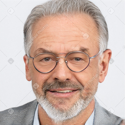 Neutral white middle-aged male with short  gray hair and blue eyes