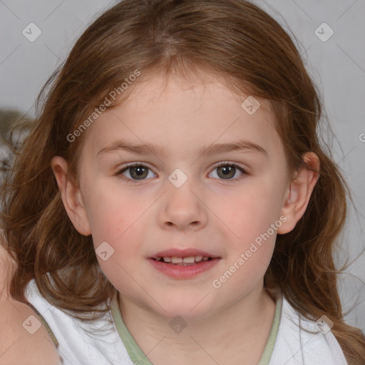 Joyful white child female with medium  brown hair and brown eyes