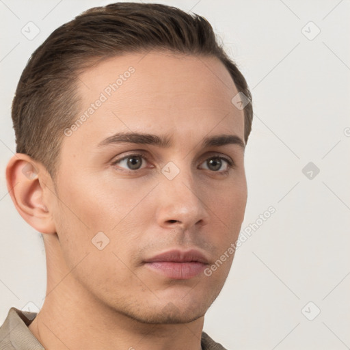 Neutral white young-adult male with short  brown hair and brown eyes