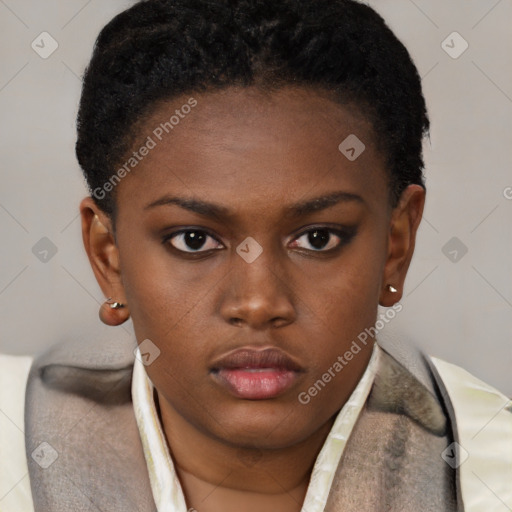 Neutral black young-adult female with short  brown hair and brown eyes