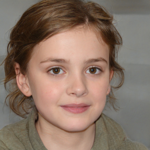 Joyful white child female with medium  brown hair and brown eyes