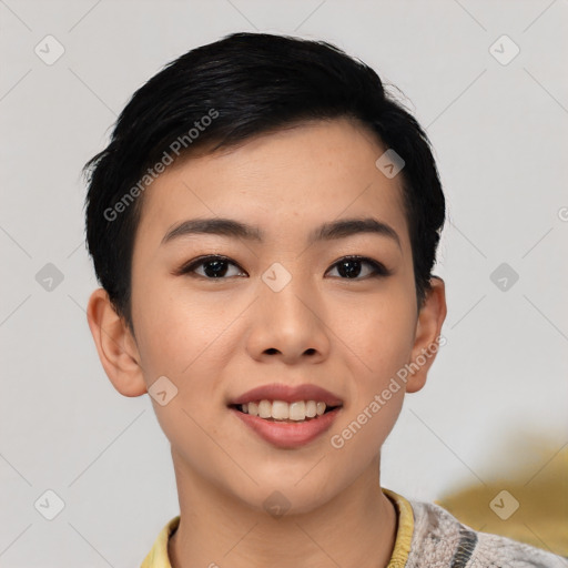 Joyful asian young-adult female with short  black hair and brown eyes