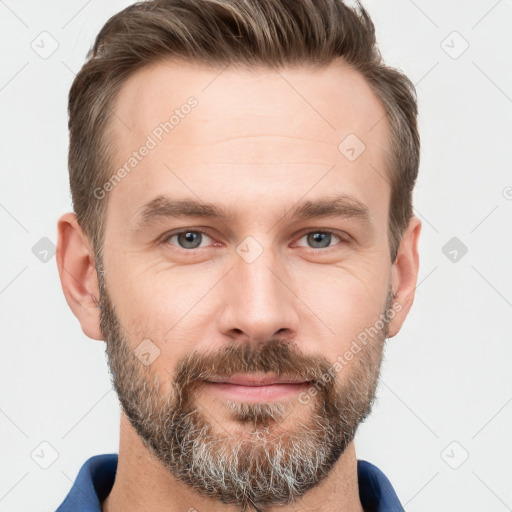 Neutral white adult male with short  brown hair and grey eyes