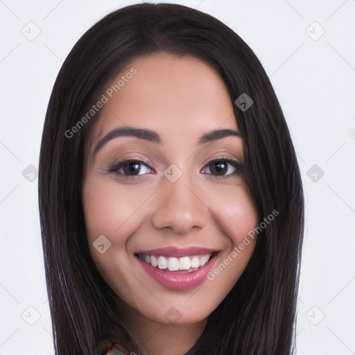 Joyful white young-adult female with long  black hair and brown eyes