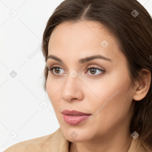 Neutral white young-adult female with long  brown hair and brown eyes