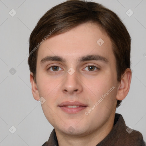 Neutral white young-adult male with short  brown hair and grey eyes