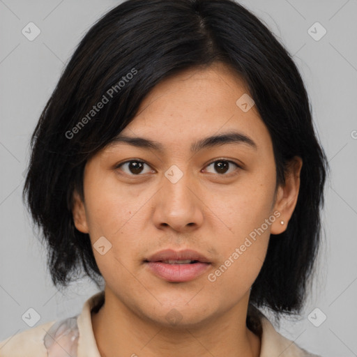 Neutral asian young-adult female with medium  black hair and brown eyes