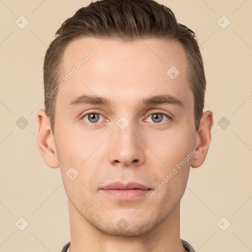 Neutral white young-adult male with short  brown hair and brown eyes