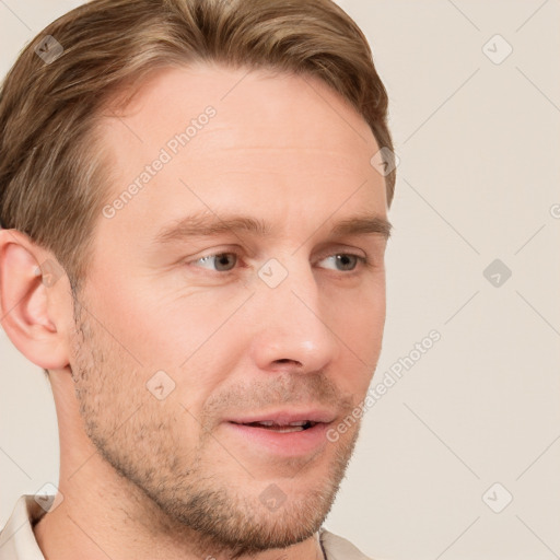 Neutral white young-adult male with short  brown hair and grey eyes