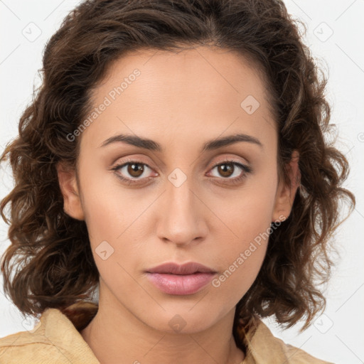 Neutral white young-adult female with medium  brown hair and brown eyes