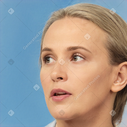 Neutral white young-adult female with medium  brown hair and brown eyes