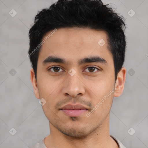 Neutral asian young-adult male with short  black hair and brown eyes