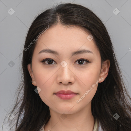 Neutral asian young-adult female with long  brown hair and brown eyes