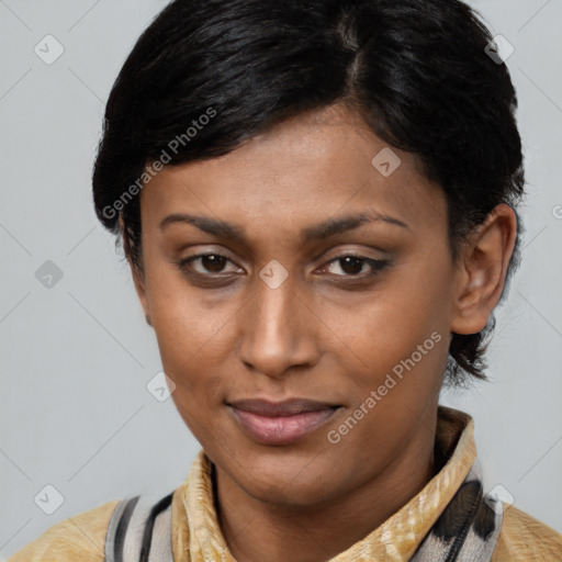 Joyful latino young-adult female with medium  brown hair and brown eyes