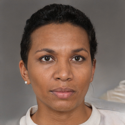 Neutral black adult female with short  black hair and brown eyes