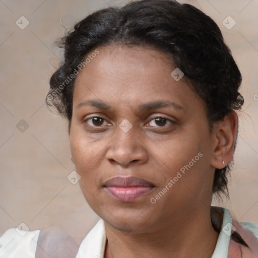 Joyful white adult female with medium  brown hair and brown eyes