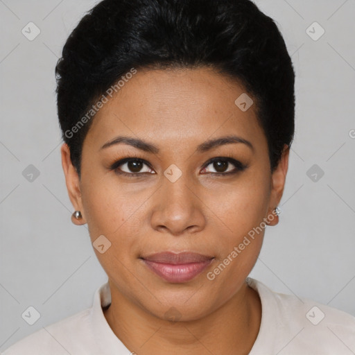 Joyful latino young-adult female with short  black hair and brown eyes