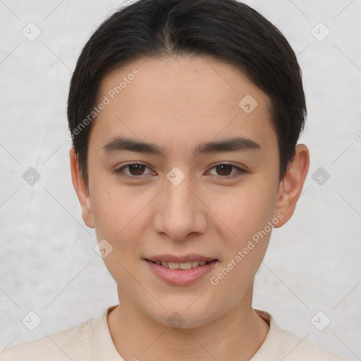 Joyful asian young-adult female with short  brown hair and brown eyes