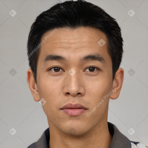 Neutral asian young-adult male with short  black hair and brown eyes