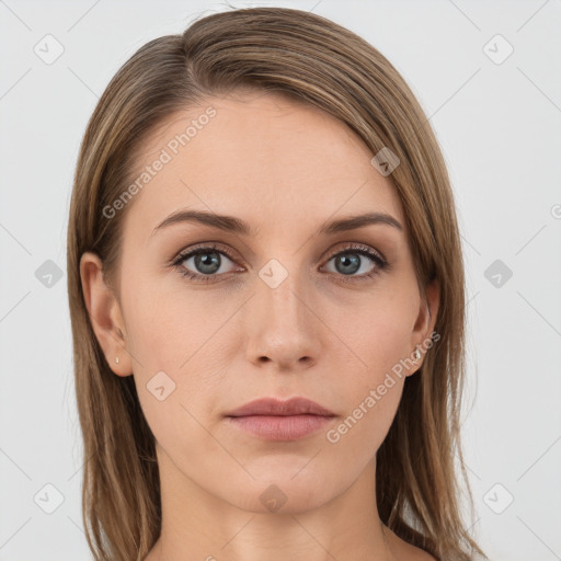 Neutral white young-adult female with long  brown hair and grey eyes