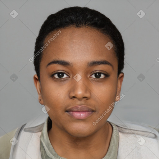 Neutral black young-adult female with short  black hair and brown eyes