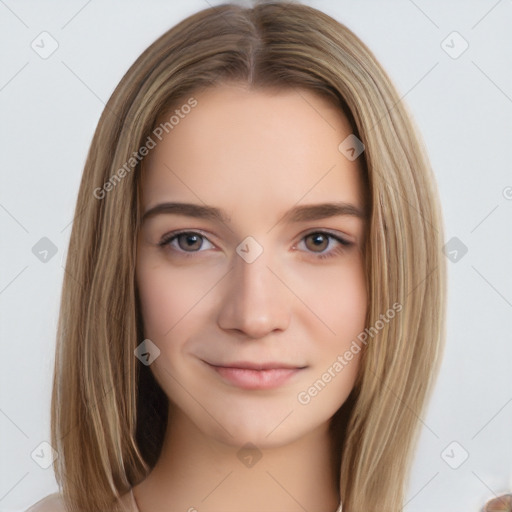 Neutral white young-adult female with long  brown hair and brown eyes