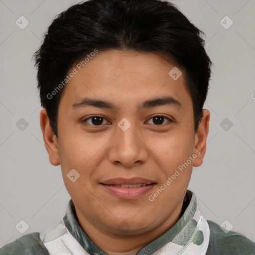 Joyful asian young-adult male with short  brown hair and brown eyes