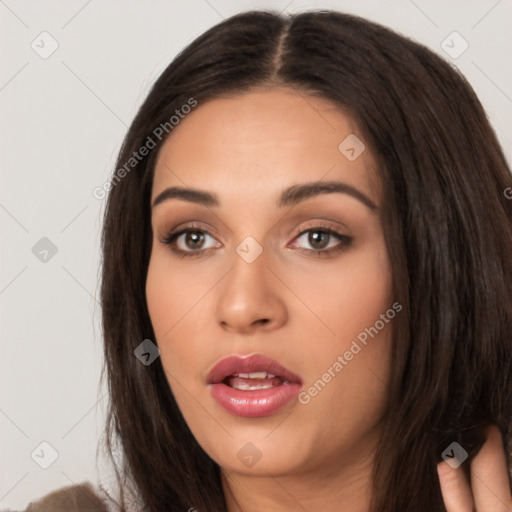 Neutral white young-adult female with long  brown hair and brown eyes