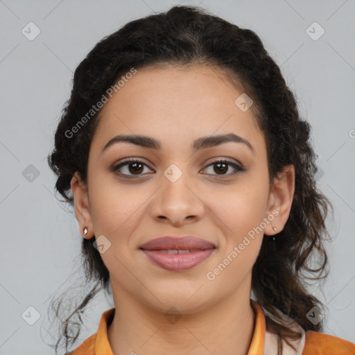 Joyful latino young-adult female with long  brown hair and brown eyes