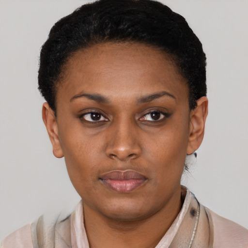 Neutral latino young-adult female with short  black hair and brown eyes