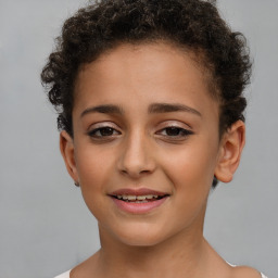 Joyful white child female with short  brown hair and brown eyes