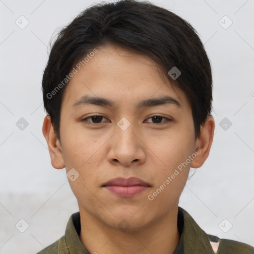 Neutral asian young-adult male with short  brown hair and brown eyes